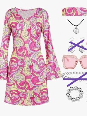 Pink Swirl 70s Hippie Disco Long-Sleeve Mini Dress Size Large